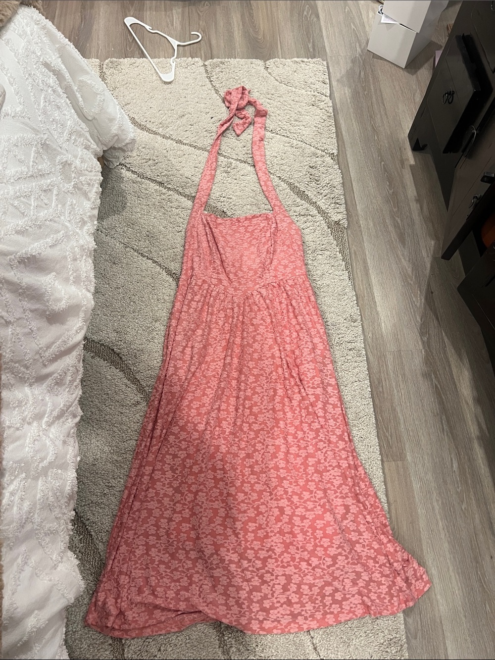 Coral Pink Floral Halter Maxi Dress square neck tie